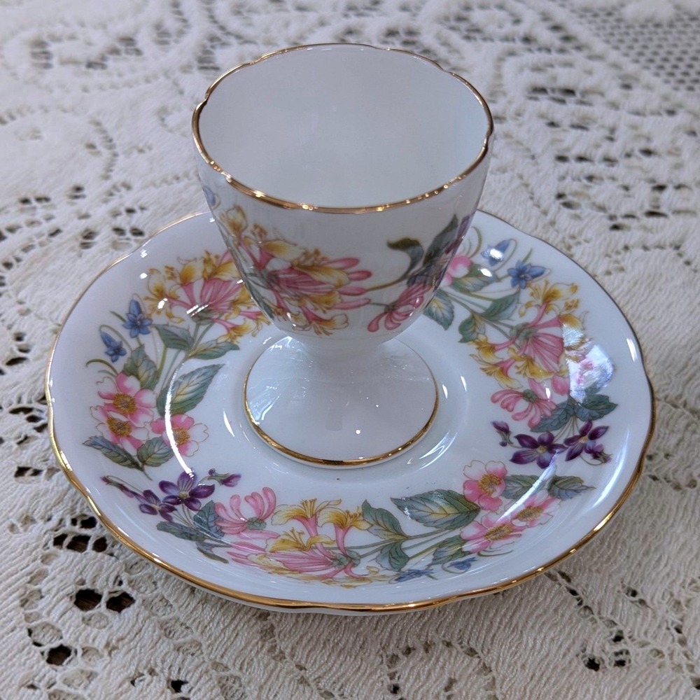 Vintage Egg Cups and Saucers Set Paragon Country Lane White Floral Gold Trim